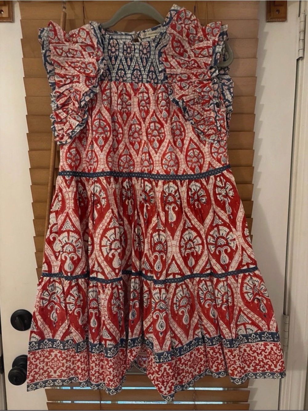 Girls' Printed Red & Blue Ruffle-Sleeve Mini Dress